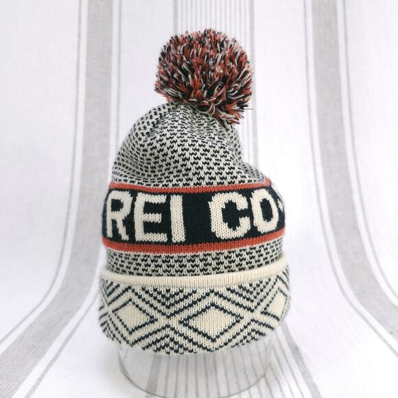 REI Other - REI Hat Beanie Knit Pom Winter Geometric Pattern Black White Retro Ski Style
